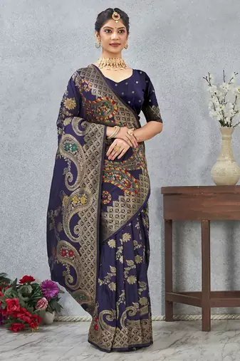 designer navy blue zari weaving tassel pallu work silk blend saree