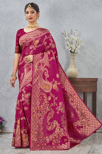 designer rani zari weaving tassel pallu work silk blend saree