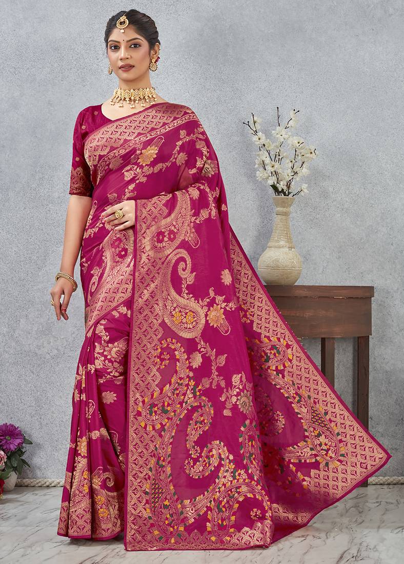 designer rani zari weaving tassel pallu work silk blend saree