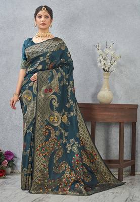 designer teal blue zari weaving tassel pallu work silk blend saree 1