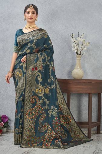 designer teal blue zari weaving tassel pallu work silk blend saree