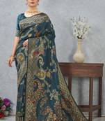 designer teal blue zari weaving tassel pallu work silk blend saree