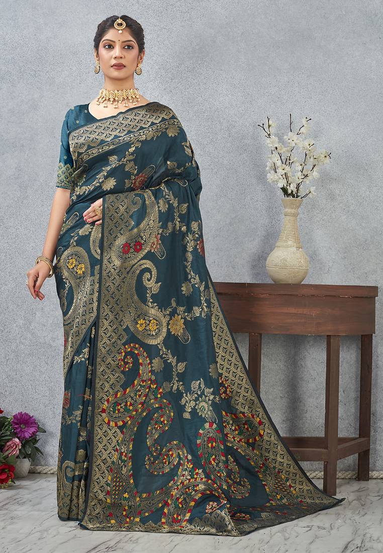 designer teal blue zari weaving tassel pallu work silk blend saree