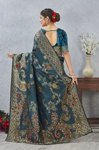 designer teal blue zari weaving tassel pallu work silk blend saree
