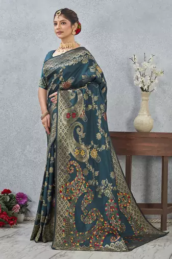 designer teal blue zari weaving tassel pallu work silk blend saree