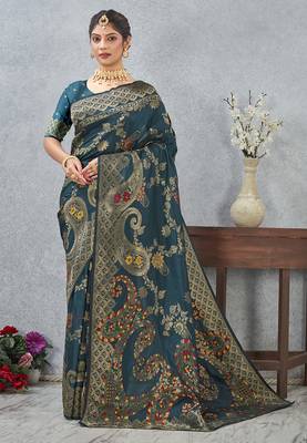 designer teal blue zari weaving tassel pallu work silk blend saree 4