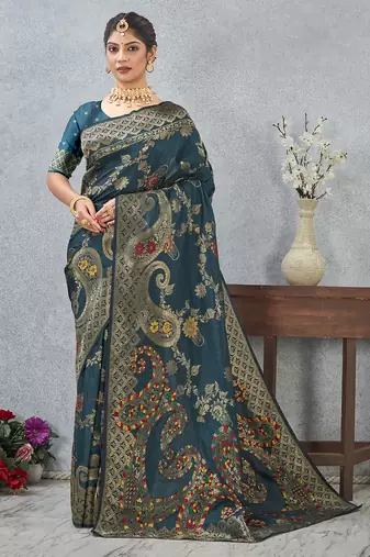 designer teal blue zari weaving tassel pallu work silk blend saree