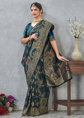 designer teal blue zari weaving tassel pallu work silk blend saree 5