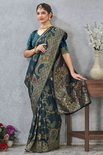designer teal blue zari weaving tassel pallu work silk blend saree