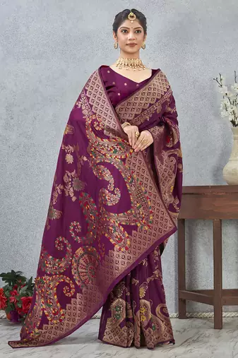 designer wine zari weaving tassel pallu work silk blend saree