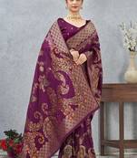 designer wine zari weaving tassel pallu work silk blend saree