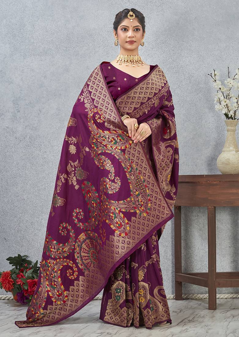 designer wine zari weaving tassel pallu work silk blend saree