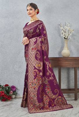 designer wine zari weaving tassel pallu work silk blend saree 2