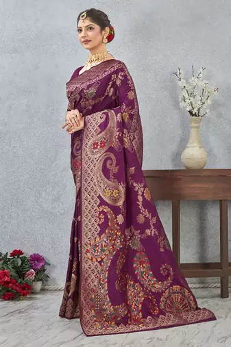 designer wine zari weaving tassel pallu work silk blend saree