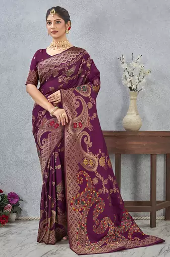 designer wine zari weaving tassel pallu work silk blend saree