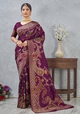designer wine zari weaving tassel pallu work silk blend saree 4