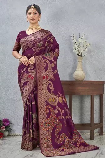 designer wine zari weaving tassel pallu work silk blend saree