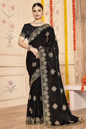 designer black heavy zari embroidery silk blend party wear saree