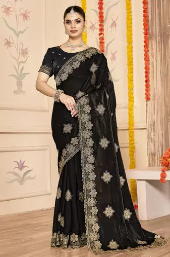 designer black heavy zari embroidery silk blend party wear saree