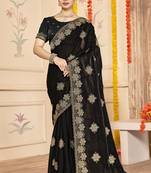 designer black heavy zari embroidery silk blend party wear saree