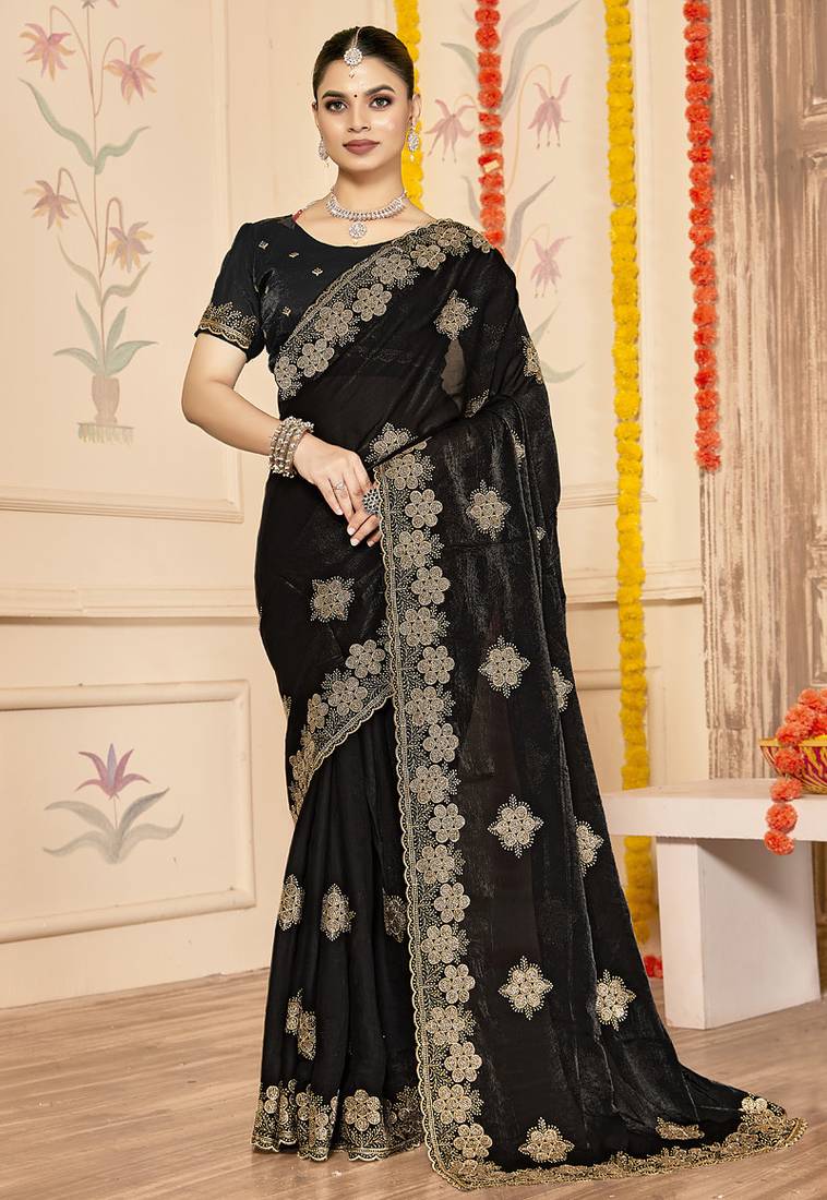 designer black heavy zari embroidery silk blend party wear saree