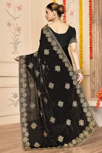 designer black heavy zari embroidery silk blend party wear saree