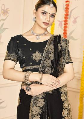 designer black heavy zari embroidery silk blend party wear saree 3