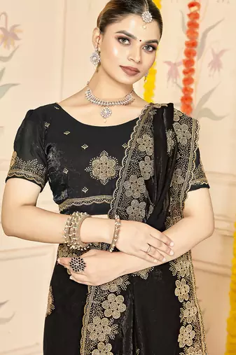 designer black heavy zari embroidery silk blend party wear saree