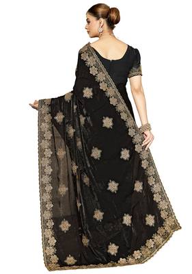 designer black heavy zari embroidery silk blend party wear saree 4