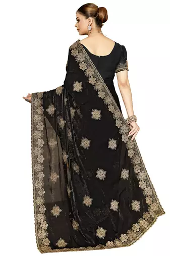 designer black heavy zari embroidery silk blend party wear saree