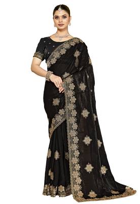 designer black heavy zari embroidery silk blend party wear saree 5