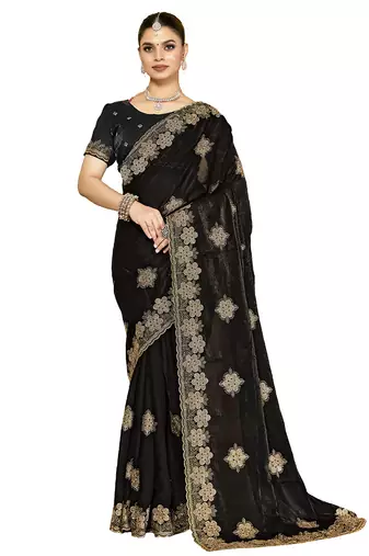 designer black heavy zari embroidery silk blend party wear saree