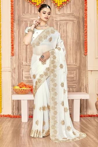 designer white heavy zari embroidery silk blend party wear saree
