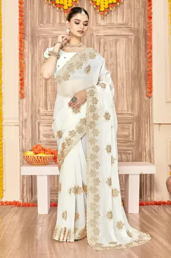 designer white heavy zari embroidery silk blend party wear saree