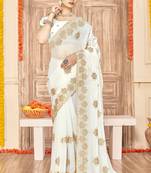 designer white heavy zari embroidery silk blend party wear saree