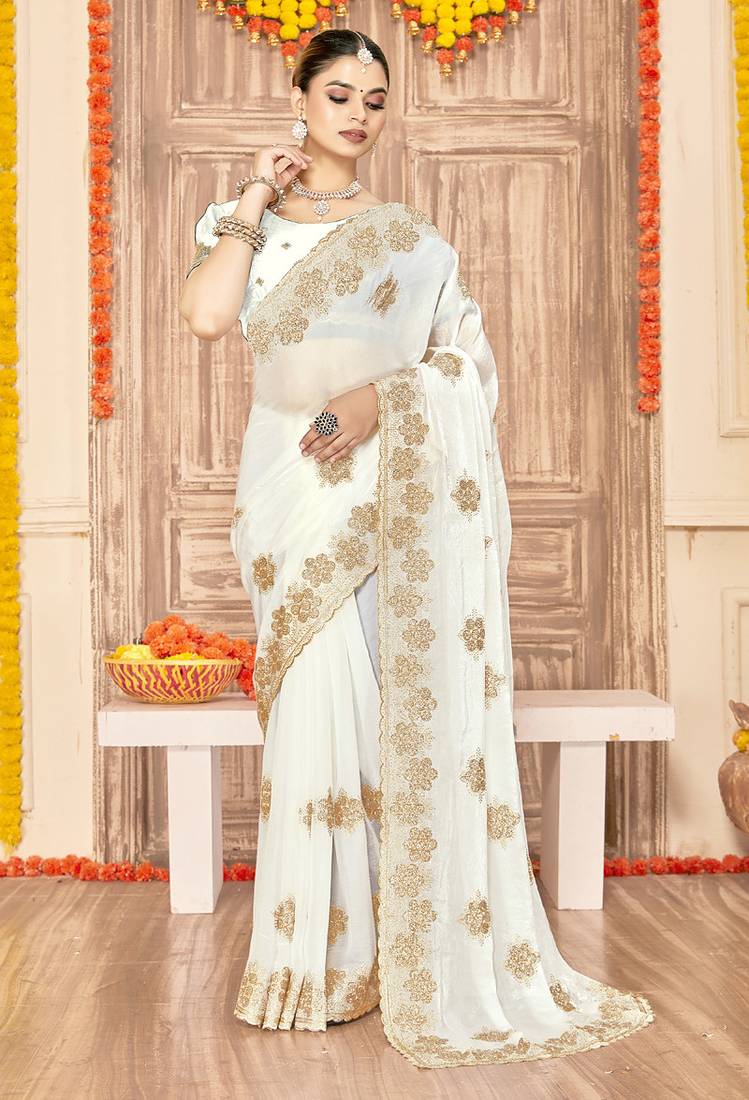 designer white heavy zari embroidery silk blend party wear saree