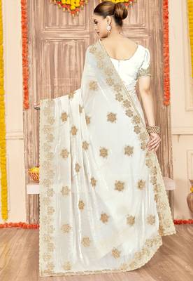 designer white heavy zari embroidery silk blend party wear saree 2