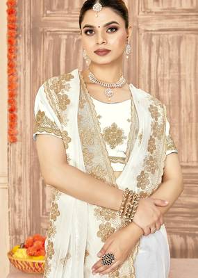designer white heavy zari embroidery silk blend party wear saree 3