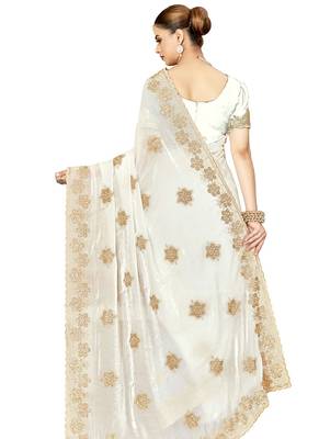 designer white heavy zari embroidery silk blend party wear saree 4