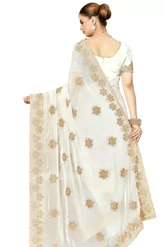 designer white heavy zari embroidery silk blend party wear saree