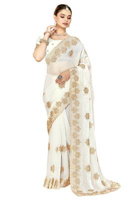 designer white heavy zari embroidery silk blend party wear saree 5