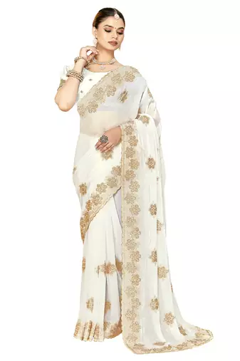 designer white heavy zari embroidery silk blend party wear saree
