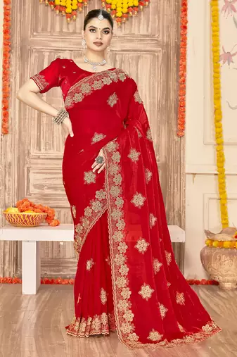 designer red heavy zari embroidery silk blend party wear saree