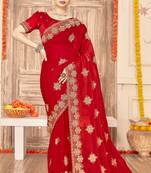 designer red heavy zari embroidery silk blend party wear saree