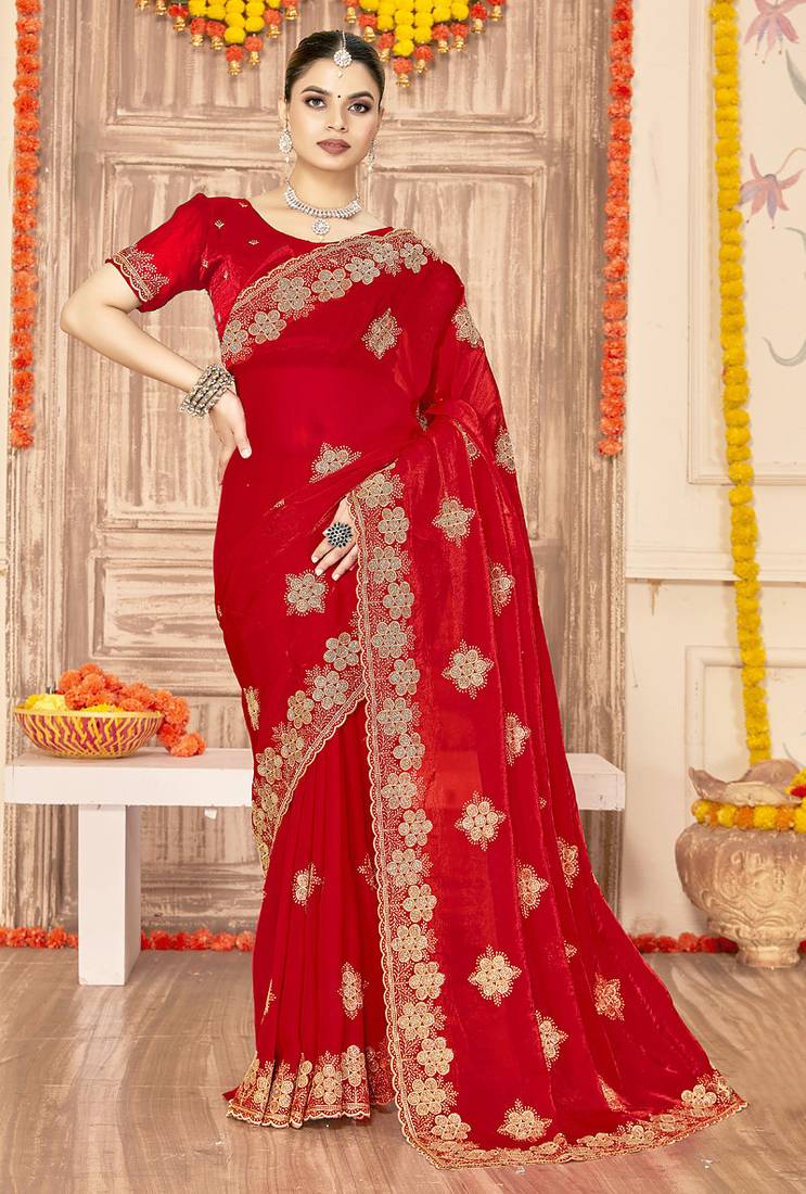 designer red heavy zari embroidery silk blend party wear saree