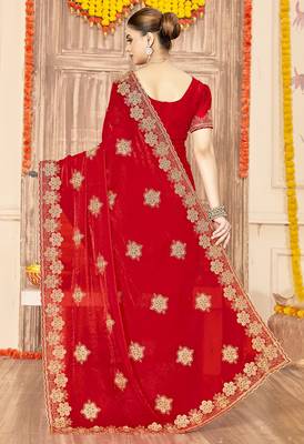 designer red heavy zari embroidery silk blend party wear saree 2