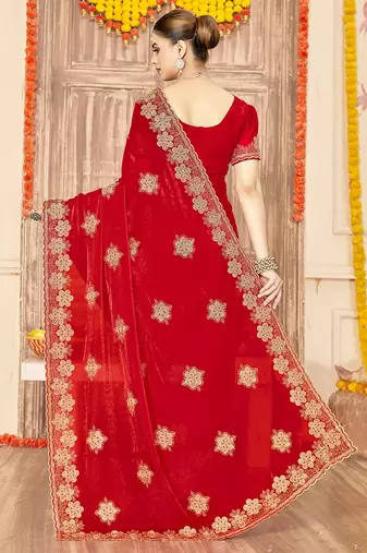 designer red heavy zari embroidery silk blend party wear saree