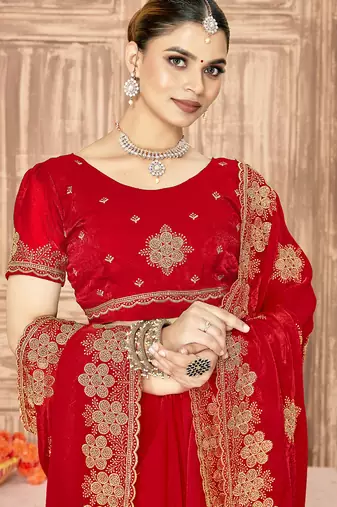 designer red heavy zari embroidery silk blend party wear saree