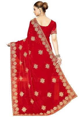 designer red heavy zari embroidery silk blend party wear saree 4