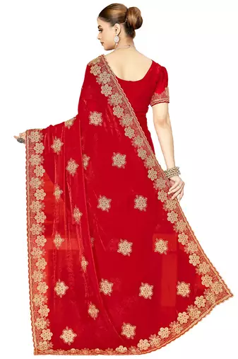 designer red heavy zari embroidery silk blend party wear saree